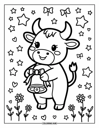 Desenho de touro para colorir para adultos: Um touro fofo com sino de vaca fica feliz entre estrelas flutuantes, flores e laços