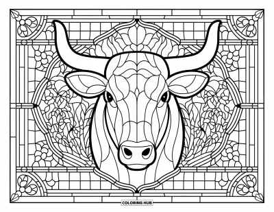Desenho de touro para colorir para adultos: Um rosto de touro detalhado repousa em uma moldura de vitral floral com trepadeiras e bordas
