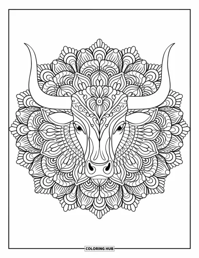 Desenho de touro para colorir para adultos: Uma mandala floral envolve uma cabeça de touro marcante em um design intrincado de página inteira