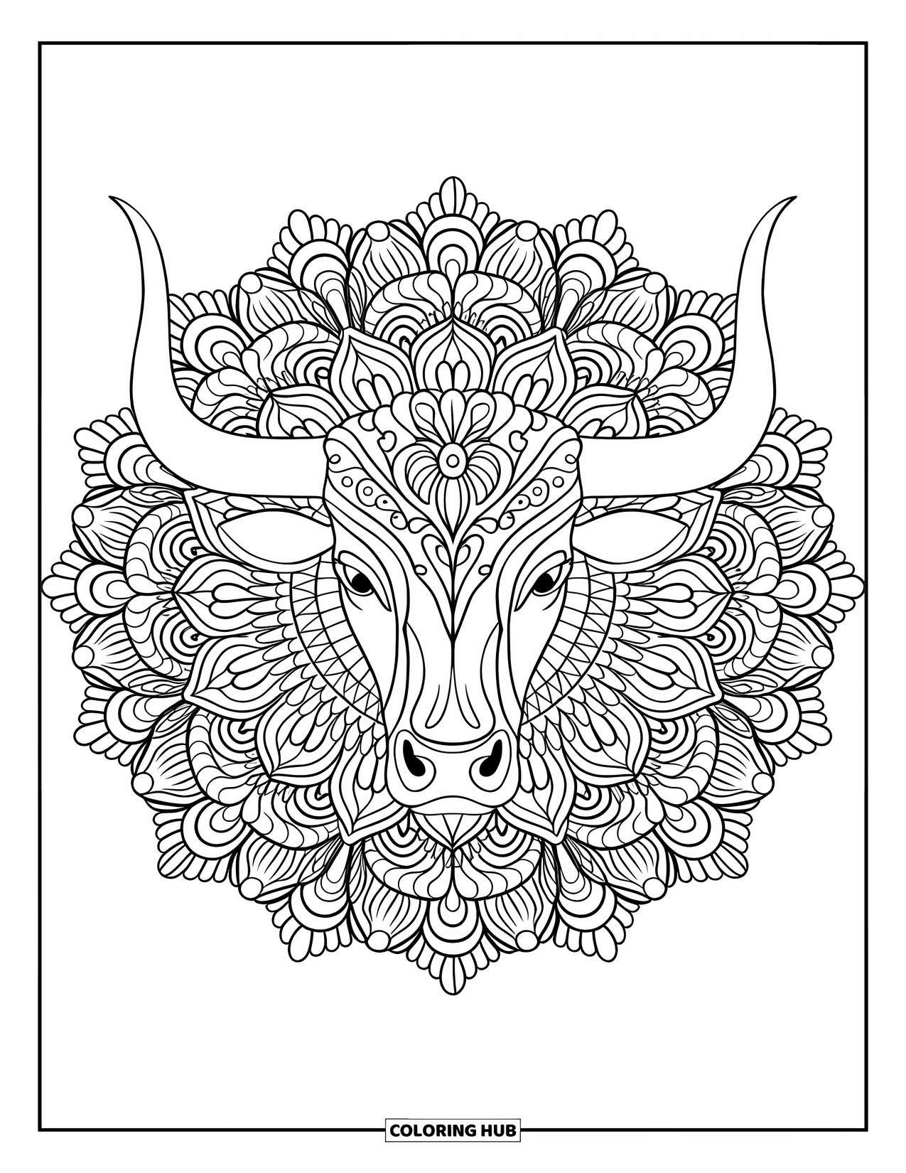 Bull Coloring Page for Adults: A floral mandala surrounds a bold bull head in a full-page intricate design