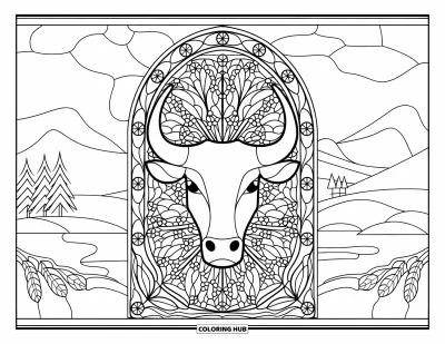 Desenho de touro para colorir para adultos: O rosto frontal de um touro aparece em uma moldura de vitral com uma cena de natureza ao fundo