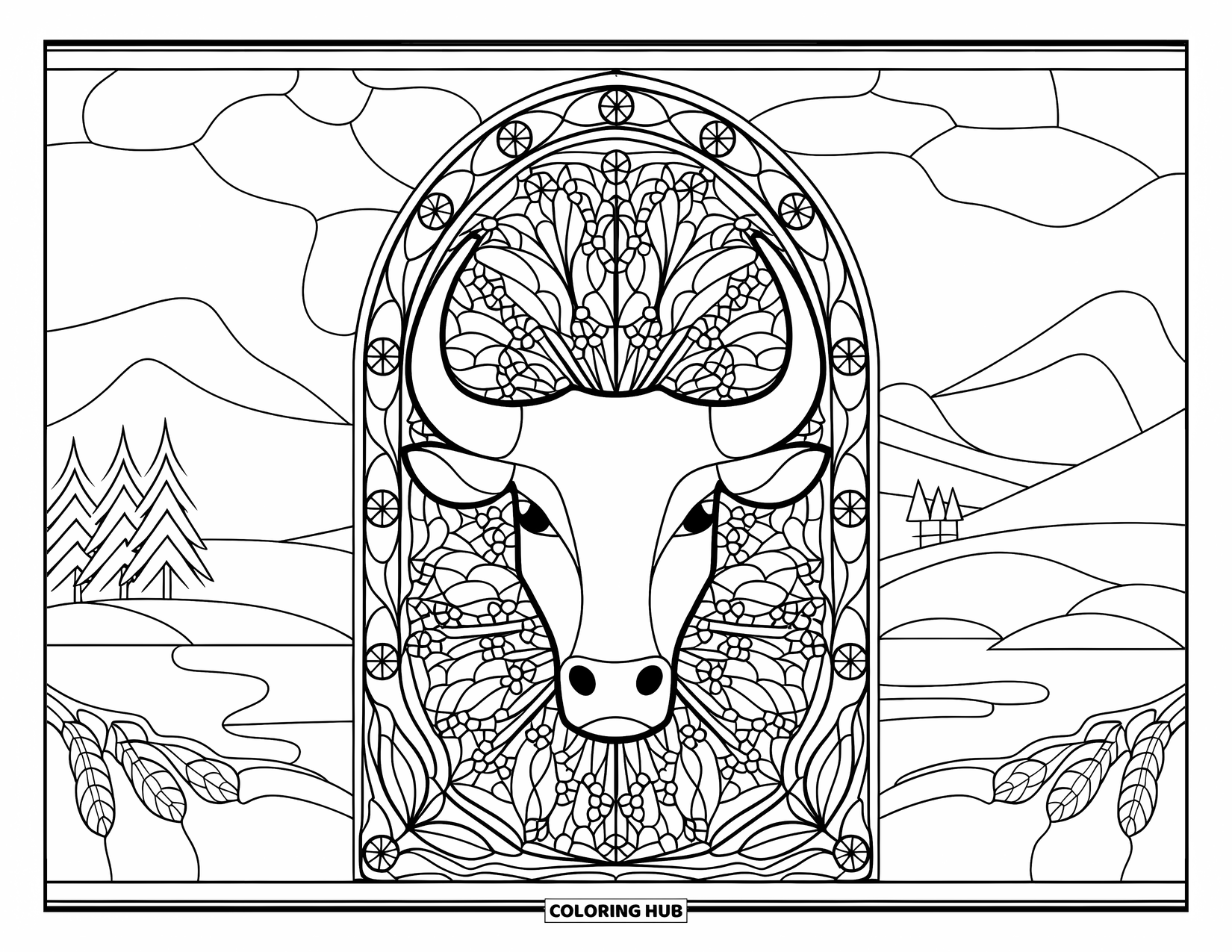 Bull Coloring Page for Adults: A frontal bull face appears in a stained glass frame with a peaceful nature scene behind