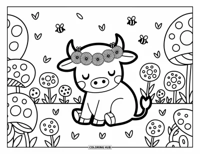 Desenho de touro para colorir para adultos: Um touro delicado com chifres pequenos e flores senta tranquilamente em um prado encantador