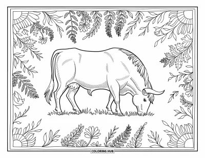 Desenho de touro para colorir para adultos: Um touro pastando fica em uma borda floral repleta de samambaias e padrões de folhas