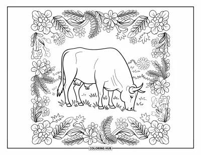 Desenho de touro para colorir para adultos: Um touro pastando fica na grama, emoldurado por flores intrincadas e samambaias com folhagem