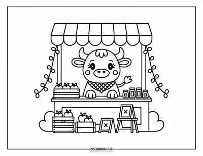 Desenho de touro para colorir para adultos: Um touro alegre recebe visitantes em uma banca aconchegante com maçãs, mel e plaquinhas de giz