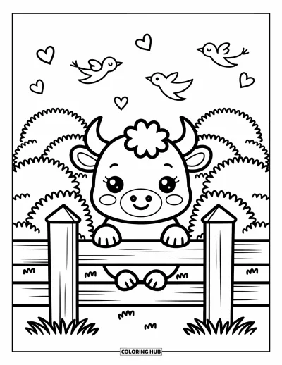 Desenho de touro para colorir para adultos: Um touro feliz espia por cima de uma cerca enquanto passarinhos carregam faixas de coração e estrela acima