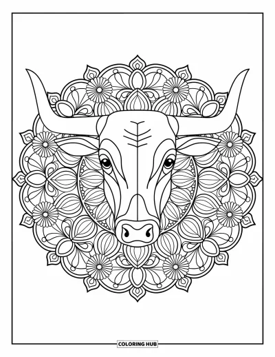 Desenho de touro para colorir para adultos: Uma cabeça de touro com chifres grandes está centralizada em uma mandala floral com detalhes de folhas intrincados