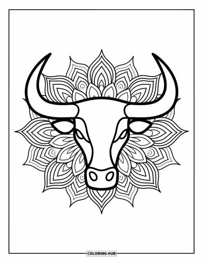 Desenho de touro para colorir para adultos: Uma majestosa cabeça de touro fica dentro de uma mandala floral com detalhados padrões em espiral