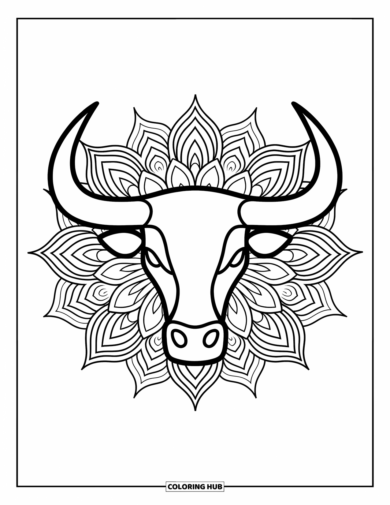 Bull Coloring Page for Adults: A majestic bull head sits inside a floral mandala with detailed swirling patterns
