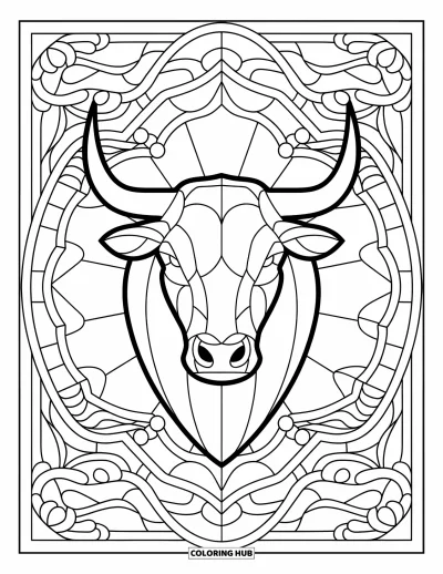Desenho de touro para colorir para adultos: O rosto de um touro sereno repousa no centro de um vitral com padrões orgânicos