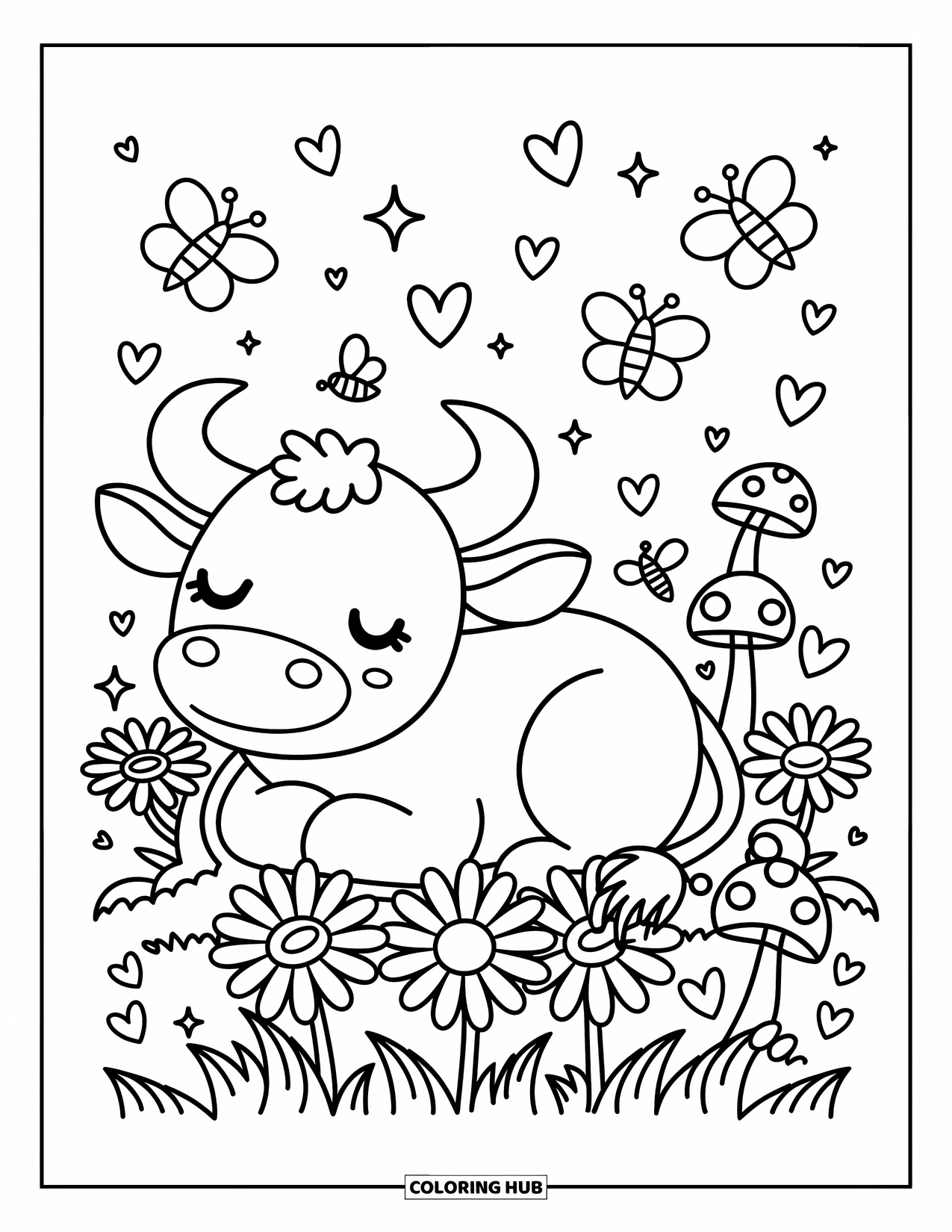 Bull Coloring Page for Adults: A peaceful bull lies in daisies and clovers with butterflies and hearts dancing nearby
