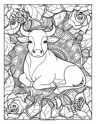 Desenho de touro para colorir para adultos: Um touro tranquilo repousa em um entrelaçado de rosas e folhas com padrões estilo mandala