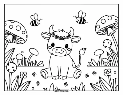 Desenho de touro para colorir para adultos: Um touro sereno com flores na cabeça descansa em um prado com abelhas zumbindo por perto