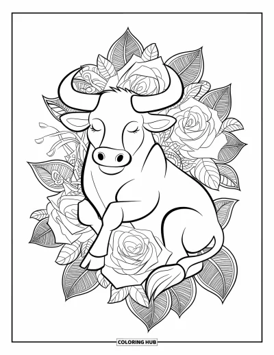 Desenho de touro para colorir para adultos: Um touro relaxado de olhos fechados senta entre rosas e folhas com padrões de mandala