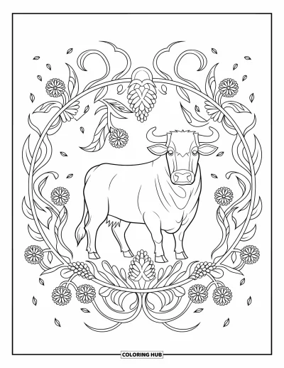 Desenho de touro para colorir para adultos: Um touro de pé é cercado por trepadeiras e flores silvestres em um padrão circular