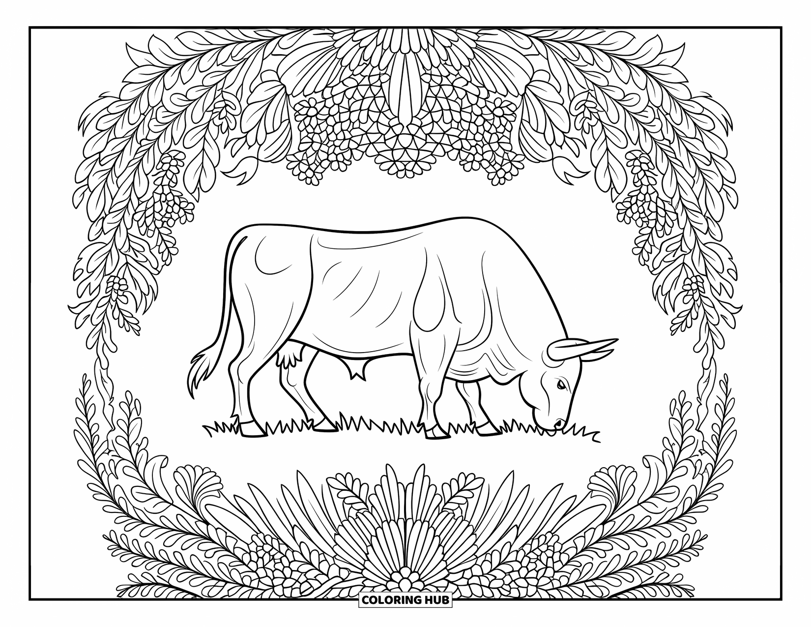 Bull Coloring Page for Adults: A strong bull grazes on grass surrounded by a detailed floral and fern border