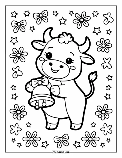 Desenho de touro para colorir para adultos: Um touro encantador fica orgulhoso com um sino de vaca enquanto estrelas e flores flutuam por perto