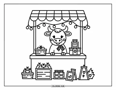 Desenho de touro para colorir para adultos: Um touro simpático com pano xadrez administra uma feirinha com maçãs e luzes de fada