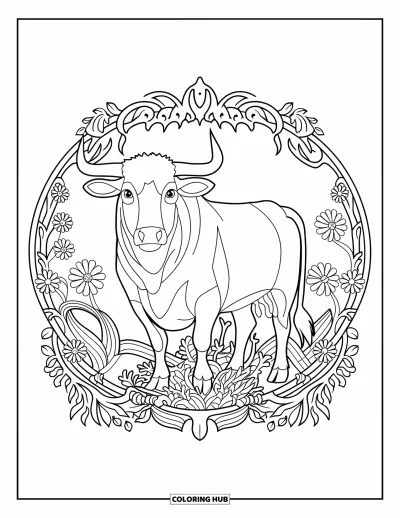 Desenho de touro para colorir para adultos: Um design simétrico mostra um touro de pé entre trepadeiras ornamentadas e flores silvestres em plena floração