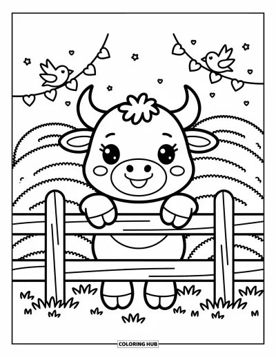 Desenho de touro para colorir para adultos: Um touro pequenino espia por cima de uma cerca de madeira com montes de feno e passarinhos voando alegremente