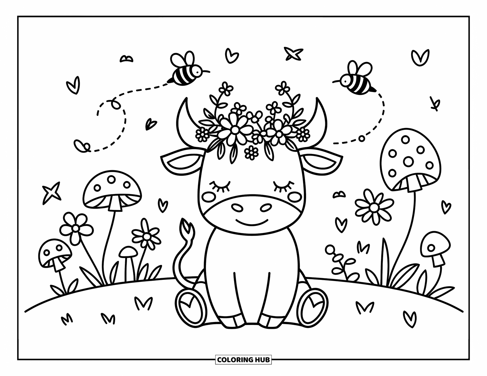 Bull Coloring Page for Adults: A tiny bull sits calmly with a flower crown and bees buzzing around