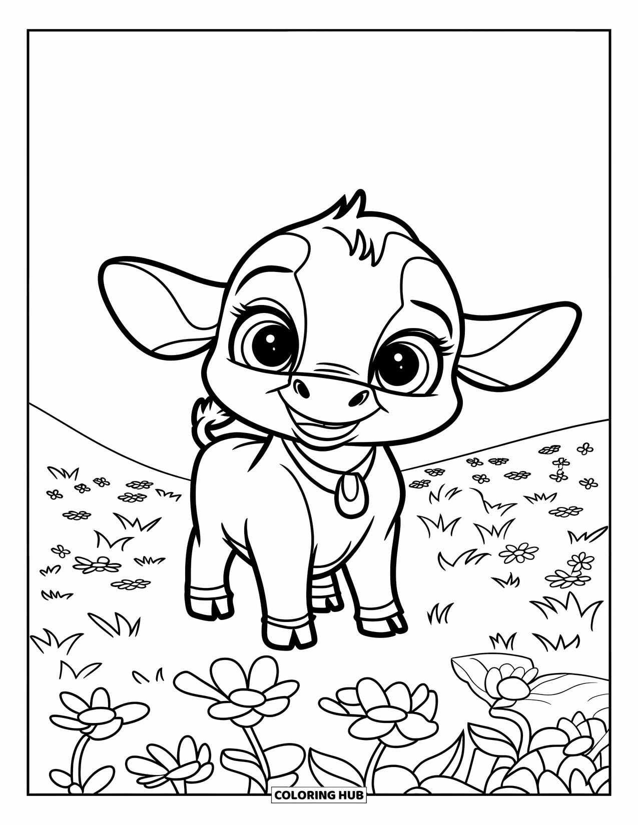 Bull Coloring Page for Kids: A baby bull with big eyes stands happily in the middle of a flower field