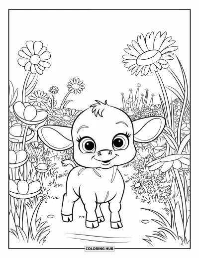 Desenho de touro para colorir para crianças: Um bezerro de orelhas caídas caminha por uma trilha em um campo florido