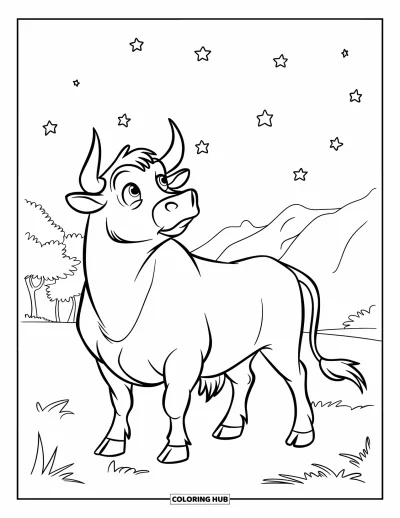 Desenho de touro para colorir para crianças: Um touro contempla as estrelas enquanto fica tranquilamente em um campo silencioso
