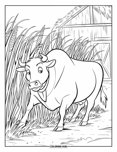 Desenho de touro para colorir para crianças: Um touro caminha pelo capim alto com um celeiro de madeira ao fundo