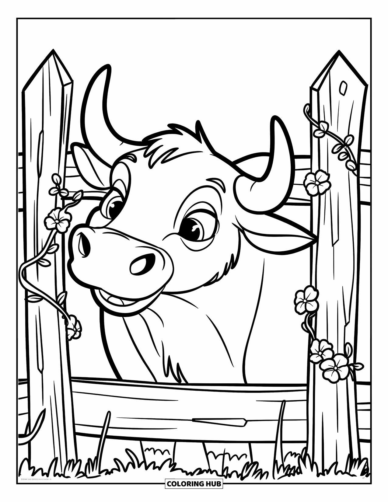 Bull Coloring Page for Kids: A bull peeks through a flower-wrapped fence with a playful look
