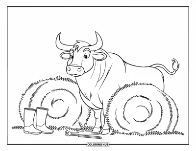 Desenho de touro para colorir para crianças: Um touro fica entre fardos de feno com botas e ferramentas de fazenda por perto