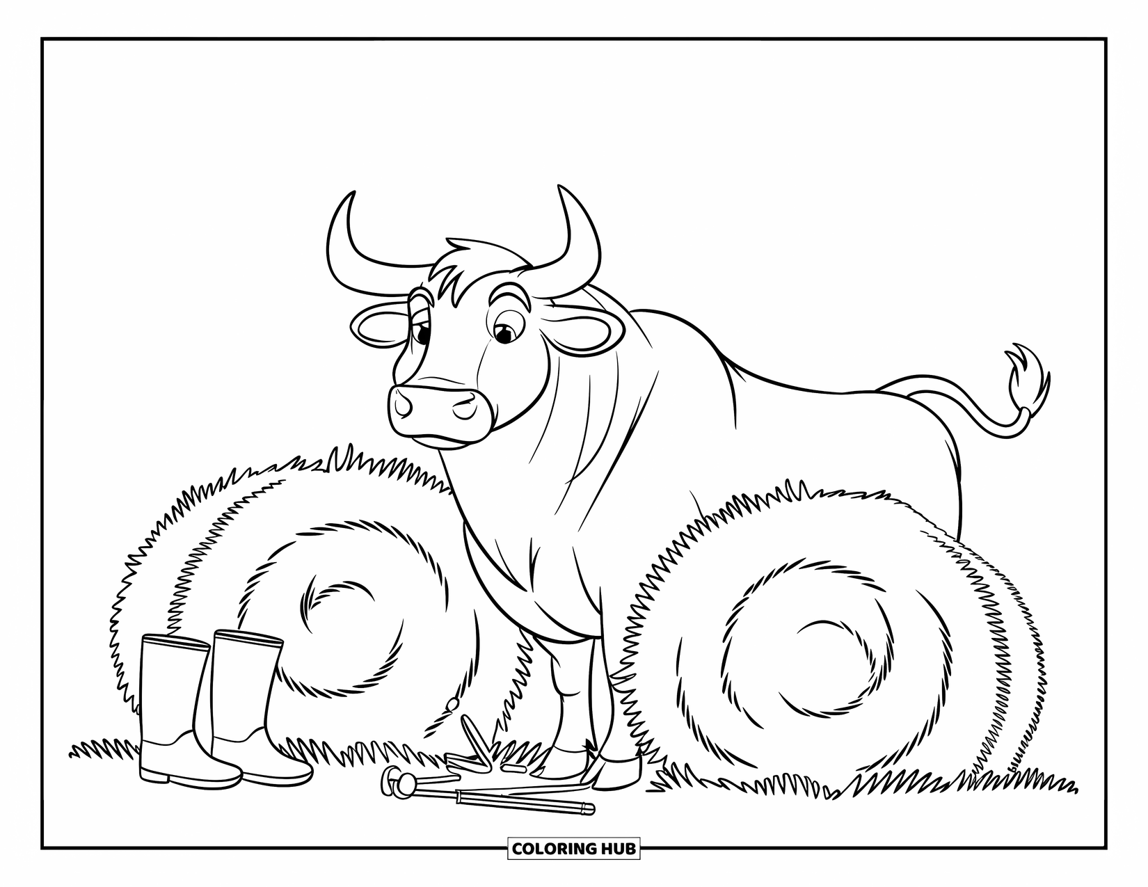 Bull Coloring Page for Kids: A bull stands between hay bales with nearby farm boots and tools