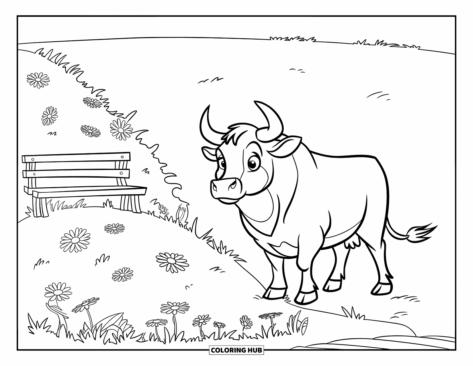 Bull Coloring Page for Kids: A bull stands near a small hill scattered with daisies and a wooden bench