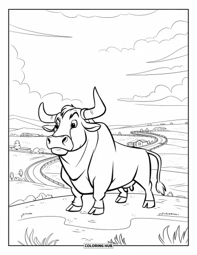 Desenho de touro para colorir para crianças: Um touro fica erguido em uma colina acima de uma estrada sinuosa e uma paisagem ampla