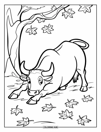 Desenho de touro para colorir para crianças: Um touro se espreguiça ao lado de uma árvore rodeada de folhas de outono espalhadas