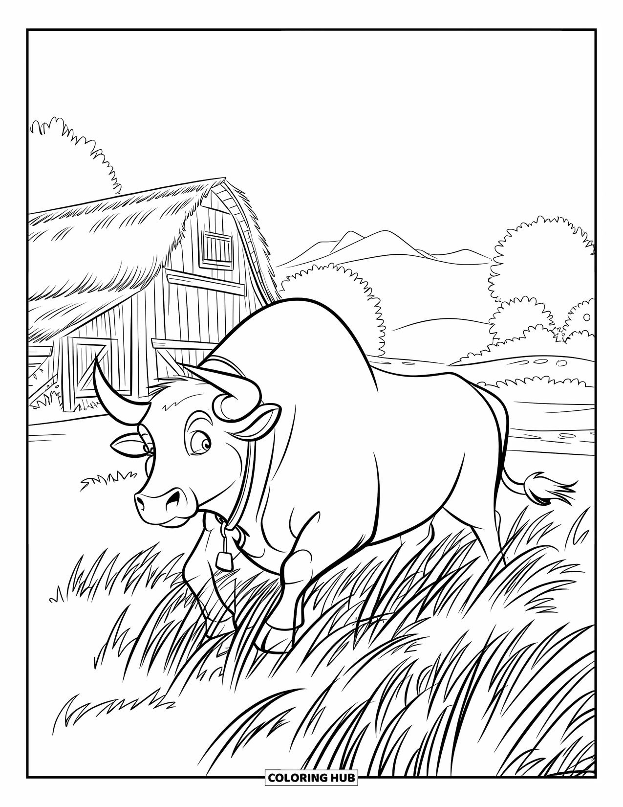 Bull Coloring Page for Kids: A bull wearing a collar walks through tall grass near a wooden barn