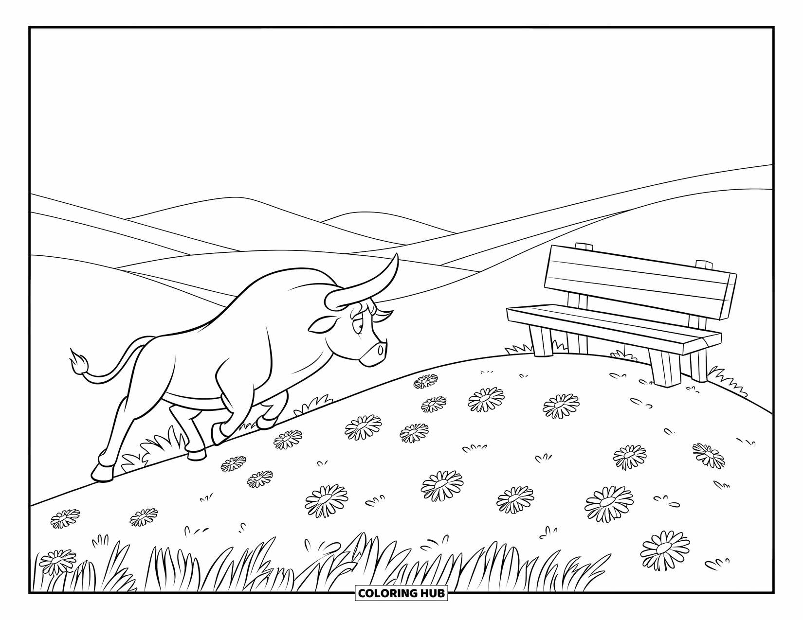 Bull Coloring Page for Kids: A bull with a curved horn stands near a bench and hill of daisies