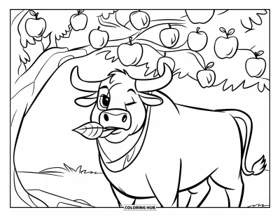 Desenho de touro para colorir para crianças: Um touro com marcas no rosto fica quieto sob uma árvore cheia de maçãs
