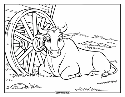 Desenho de touro para colorir para crianças: Um touro de olhos grandes descansa ao lado de uma roda de carroça antiga em um campo quieto