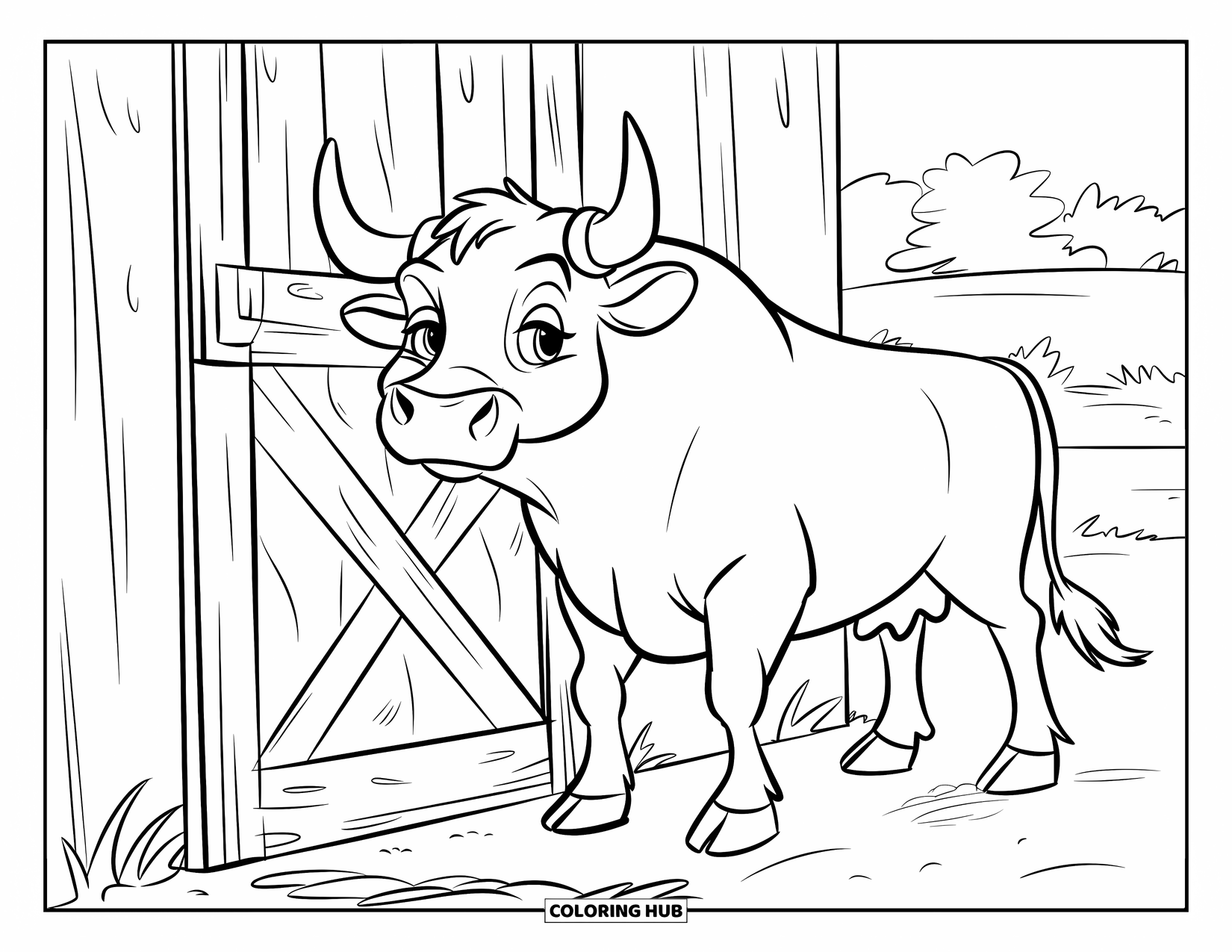 Bull Coloring Page for Kids: A bull with black markings looks curiously at a barn door near a green field