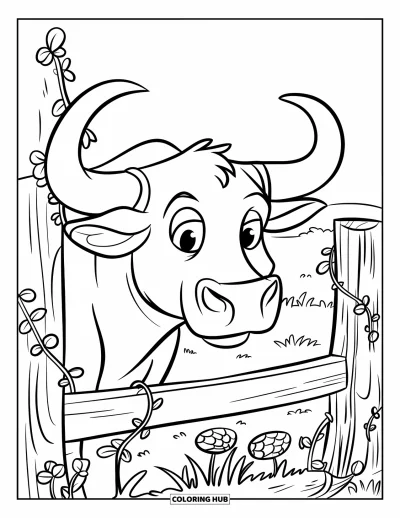 Desenho de touro para colorir para crianças: Um touro com chifres encaracolados espia por uma cerca de madeira coberta de flores