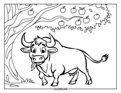 Desenho de touro para colorir para crianças: Um touro relaxado mastiga uma folha enquanto fica sob uma grande macieira