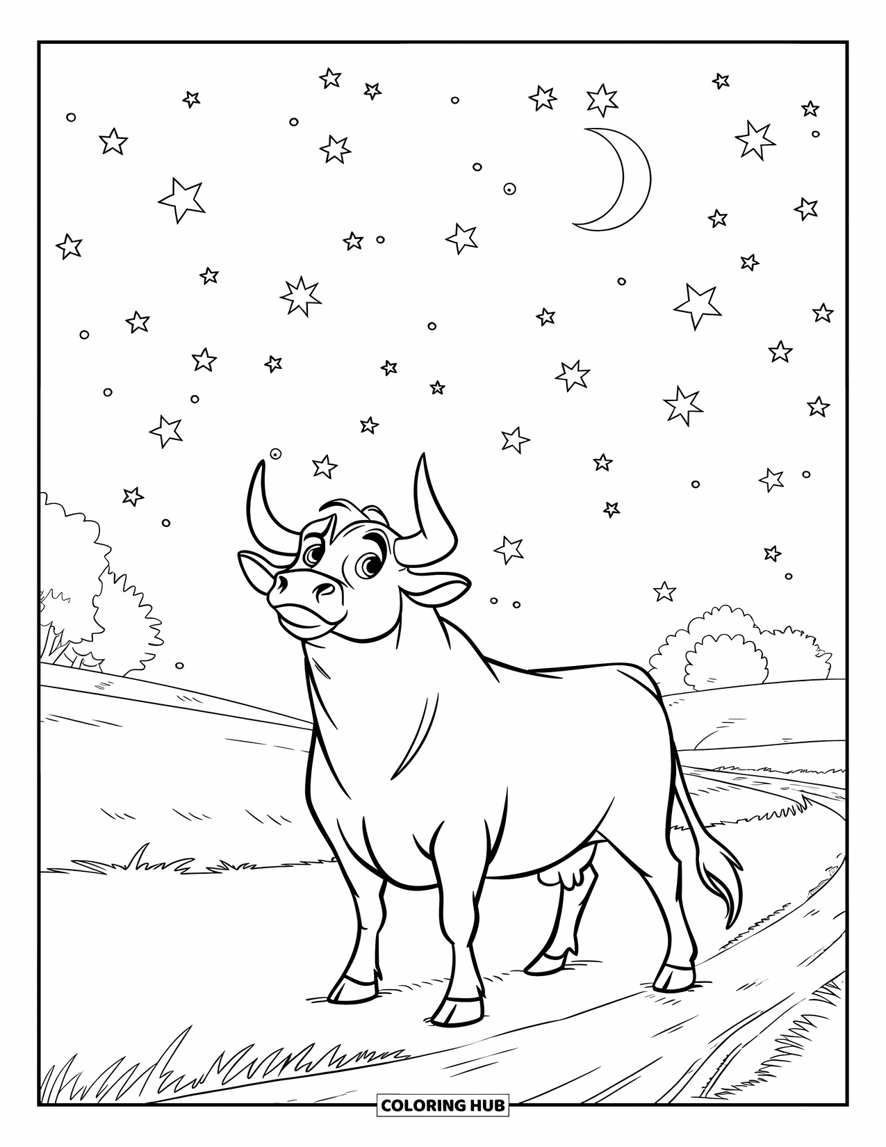 Bull Coloring Page for Kids: A calm bull looks at the stars with trees and a moonlit sky behind