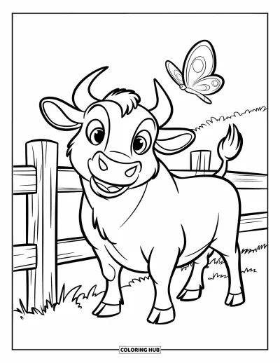Desenho de touro para colorir para crianças: Um touro calmo fica perto de uma cerca enquanto uma borboleta paira acima