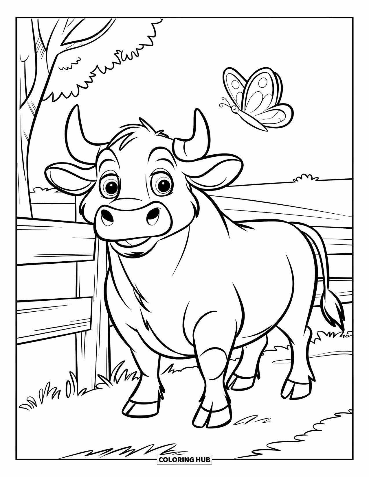Bull Coloring Page for Kids: A cheerful bull stands by a fence as a butterfly flutters nearby
