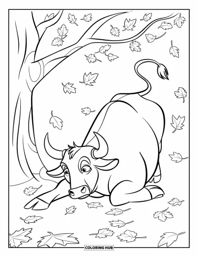 Desenho de touro para colorir para crianças: Um touro alegre se espreguiça ao lado de uma árvore com folhas coloridas de outono