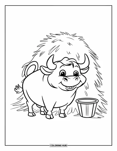 Desenho de touro para colorir para crianças: Um touro rechonchudo sorri ao lado de um monte de feno com um balde próximo
