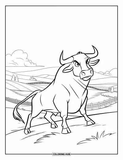 Desenho de touro para colorir para crianças: Um touro confiante observa colinas onduladas e árvores do alto de uma fazenda