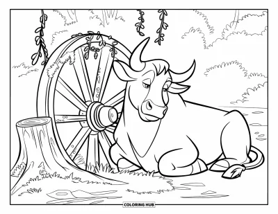 Desenho de touro para colorir para crianças: Um touro satisfeito descansa perto de uma roda de carroça coberta de trepadeiras em uma floresta tranquila